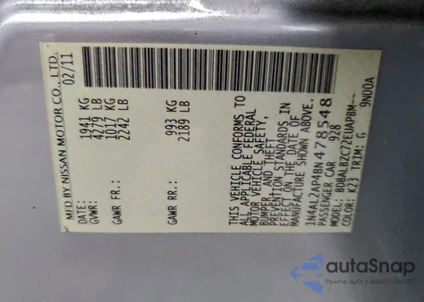 2011 Nissan Altima Base z USA, uszkodzony, nr VIN 1N4AL2AP4BN478548